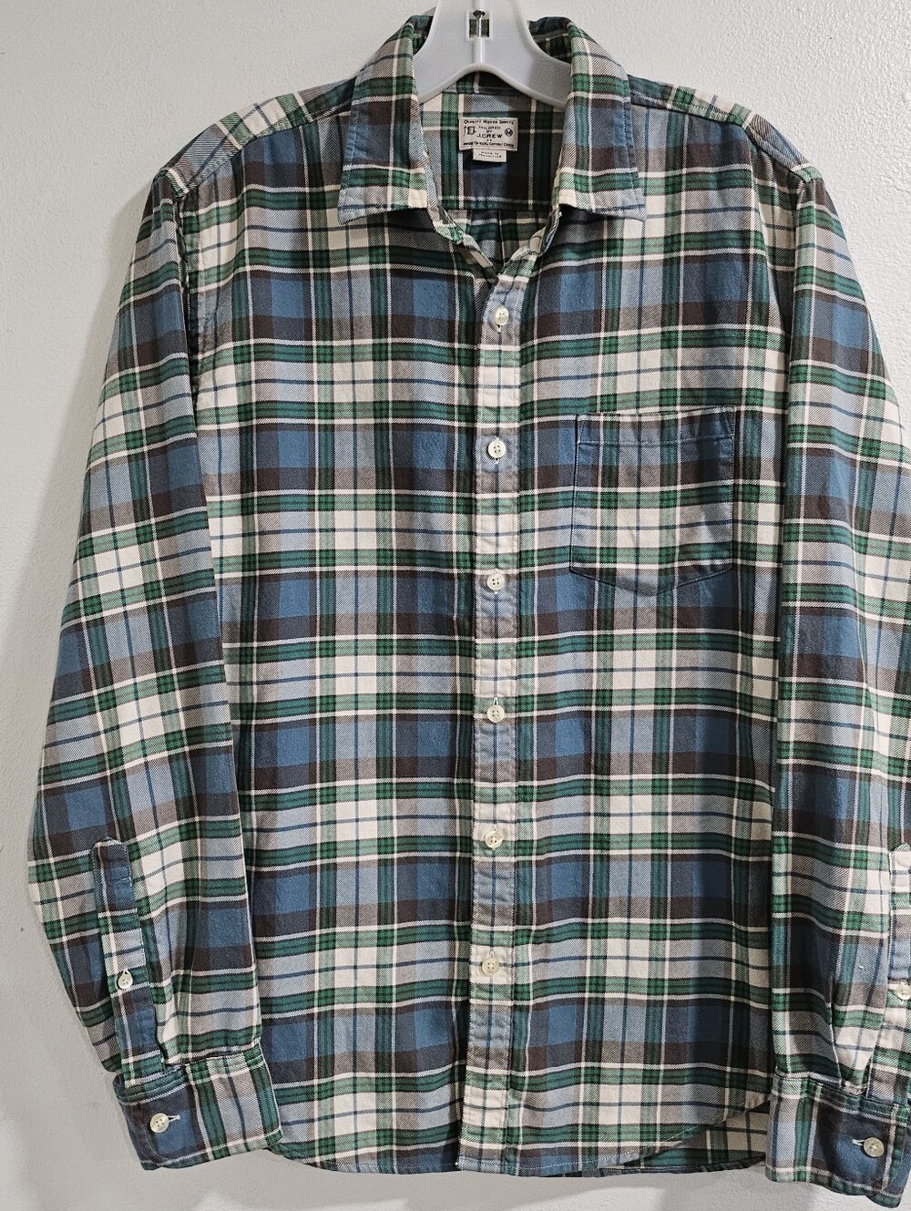 J.Crew Men's Plaid Flannel Shirt Size Medium Blue Green Button Up FA14 Like NEW